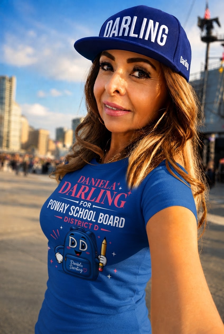 Daniela wearing her Darling campaign cap and t-shirt