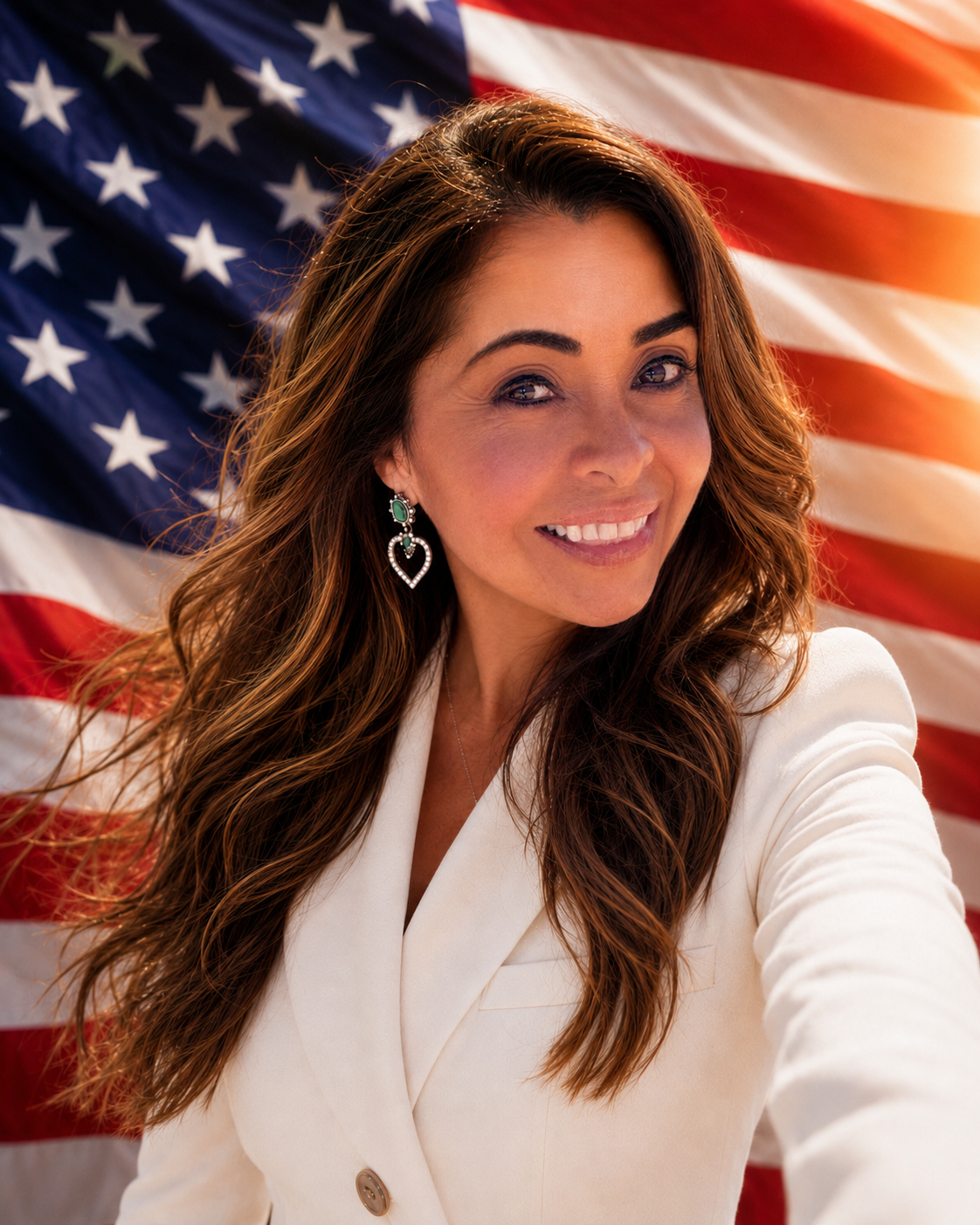 Daniela Darling smiling in front of the American flag